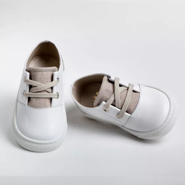 Sneakers περπατήματος δερμάτινα λευκά-μπεζ A2225E | Βαπτιστικά Παπουτσάκια στο Vaptisi-online.gr